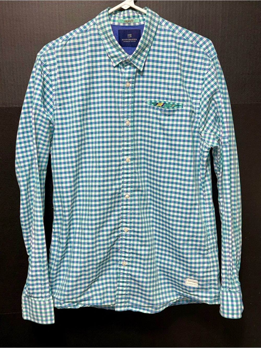🪎 Scotch & Soda Men’s Gingham Check Long Sleeve Button Down Shirt Blue Teal Slim